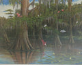 Majestic cypress trees with Spanish moss in a swamp, surrounded by waterfowl.
